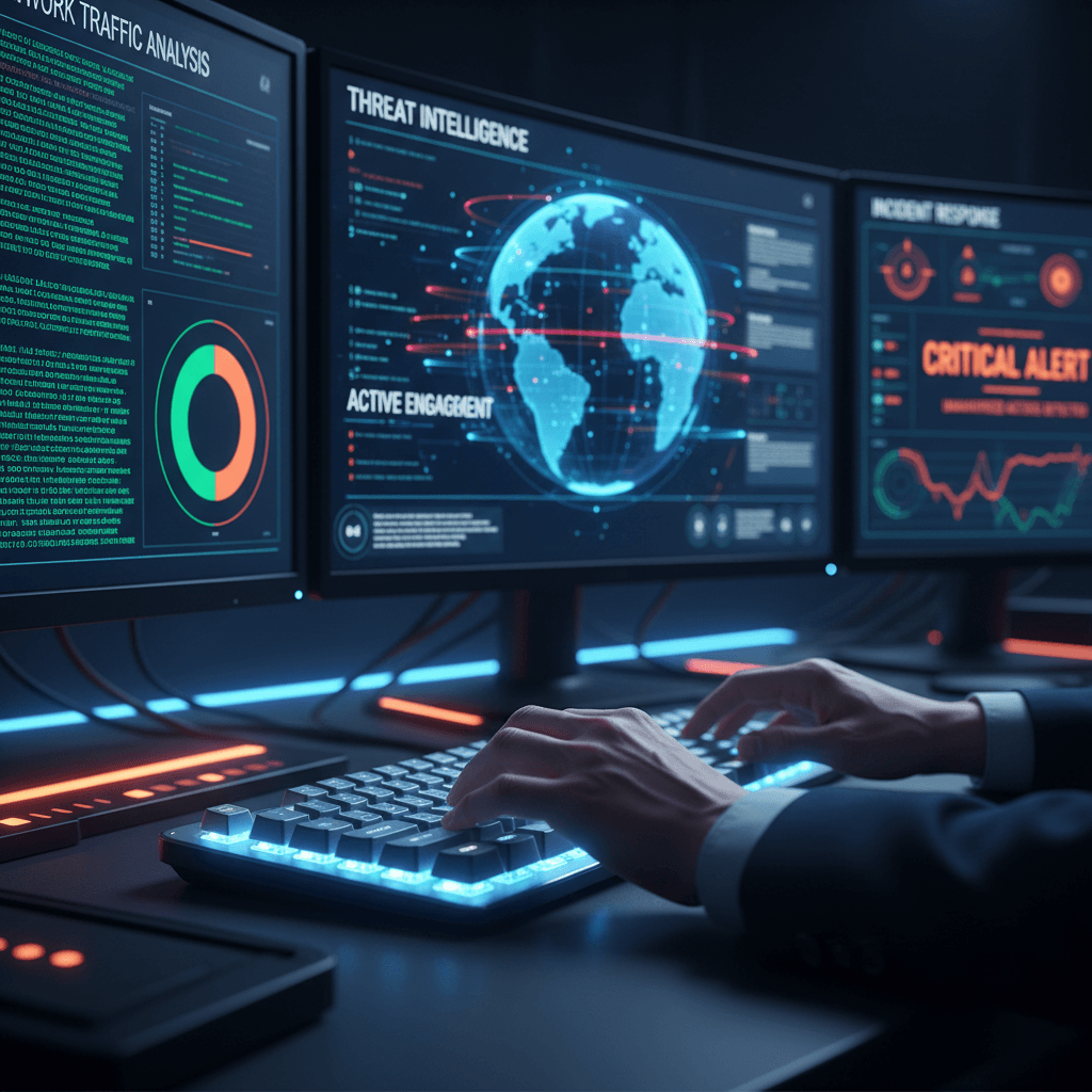 Cybersecurity analyst monitoring AI threat detection systems